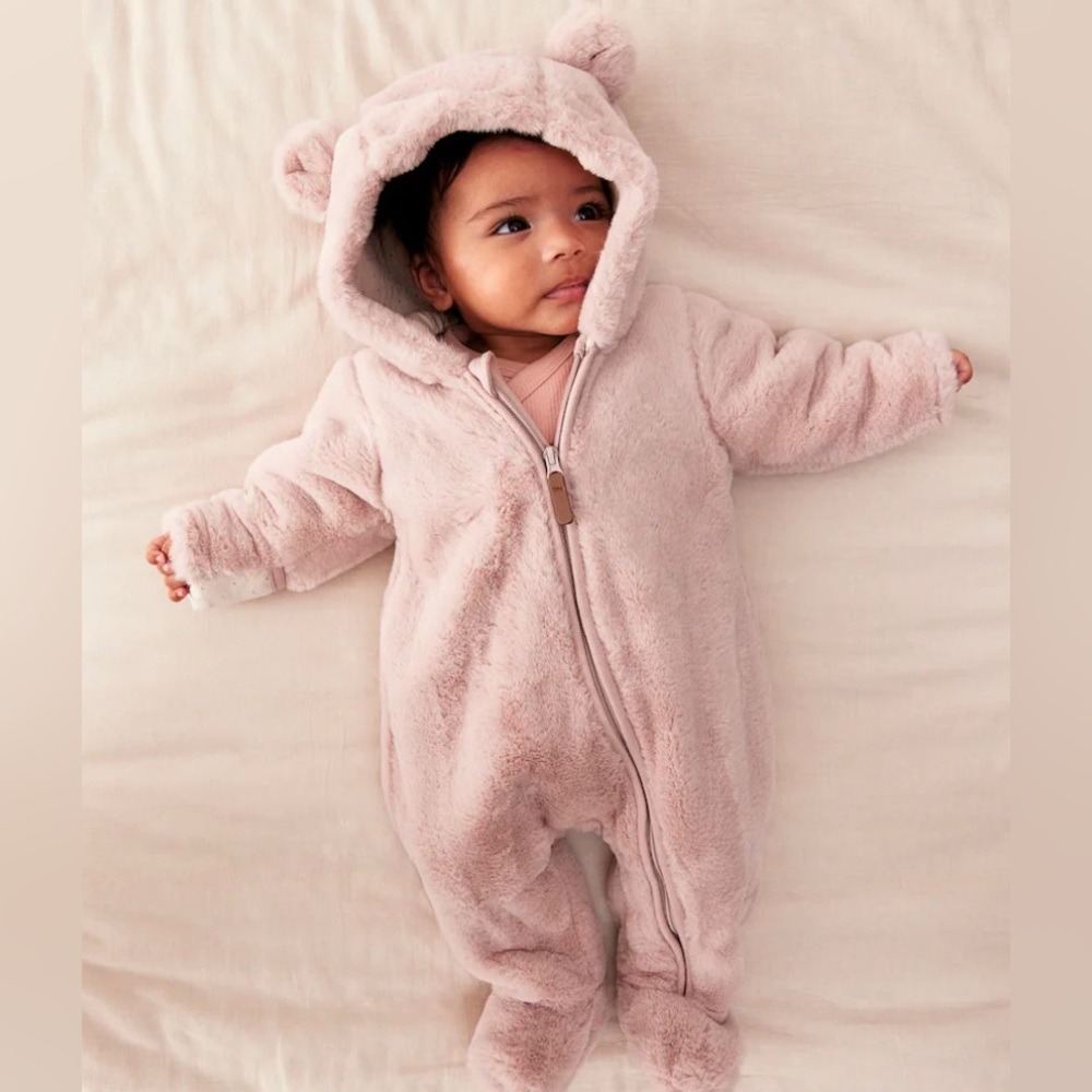 H&M Baby 3 Months Pink Teddy Bear Hooded Fleece Onesie Romper Jumpsuit